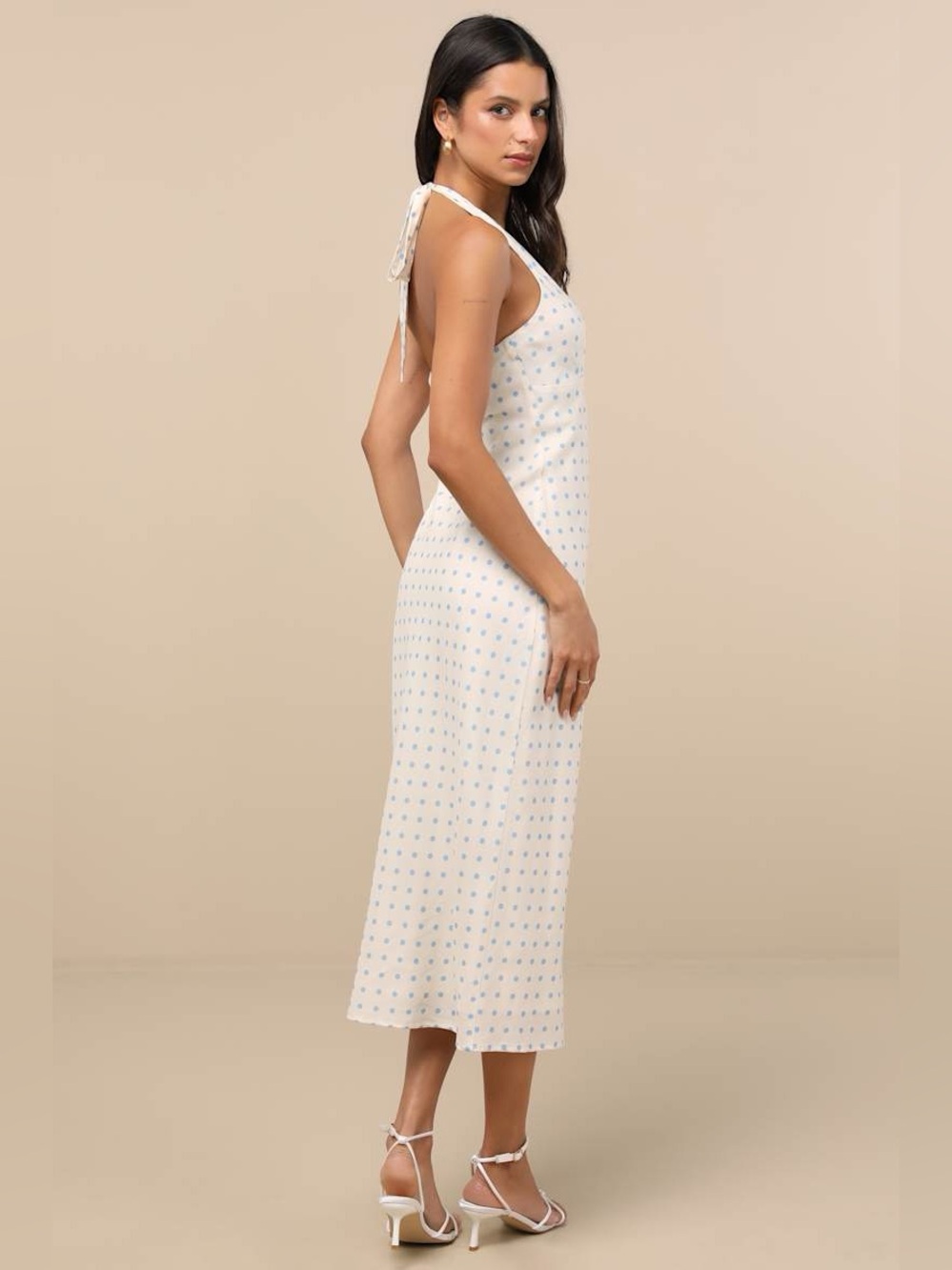Lulu's Meara Ivory Halter Midi Dress with Light Blue Dot - L, New with tags